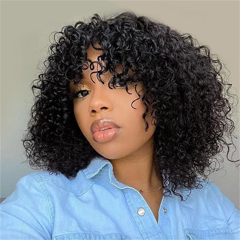 Afro Style Kinky Curly Human Hair Fringe Wig - Wigtrends