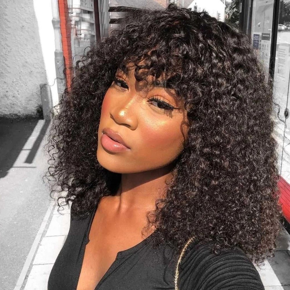 Afro Style Kinky Curly Human Hair Fringe Wig - Wigtrends