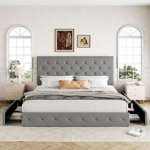 Allewie Upholstered Queen Size Platform Bed Frame with 4 Storage Drawers and Headboard, Square Stitched Button Tufted, Mattress Foundation with Wooden Slats Support, No Box Spring Needed - Wigtrends