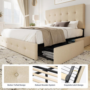 Allewie Upholstered Queen Size Platform Bed Frame with 4 Storage Drawers and Headboard, Square Stitched Button Tufted, Mattress Foundation with Wooden Slats Support, No Box Spring Needed - Wigtrends