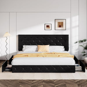 Allewie Upholstered Queen Size Platform Bed Frame with 4 Storage Drawers and Headboard, Square Stitched Button Tufted, Mattress Foundation with Wooden Slats Support, No Box Spring Needed - Wigtrends