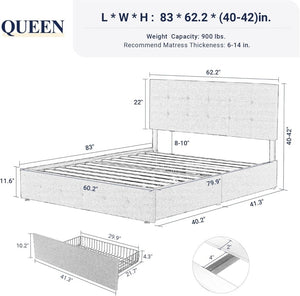 Allewie Upholstered Queen Size Platform Bed Frame with 4 Storage Drawers and Headboard, Square Stitched Button Tufted, Mattress Foundation with Wooden Slats Support, No Box Spring Needed - Wigtrends