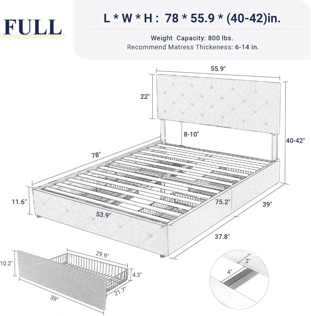 Allewie Upholstered Queen Size Platform Bed Frame with 4 Storage Drawers and Headboard, Square Stitched Button Tufted, Mattress Foundation with Wooden Slats Support, No Box Spring Needed - Wigtrends