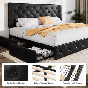 Allewie Upholstered Queen Size Platform Bed Frame with 4 Storage Drawers and Headboard, Square Stitched Button Tufted, Mattress Foundation with Wooden Slats Support, No Box Spring Needed - Wigtrends