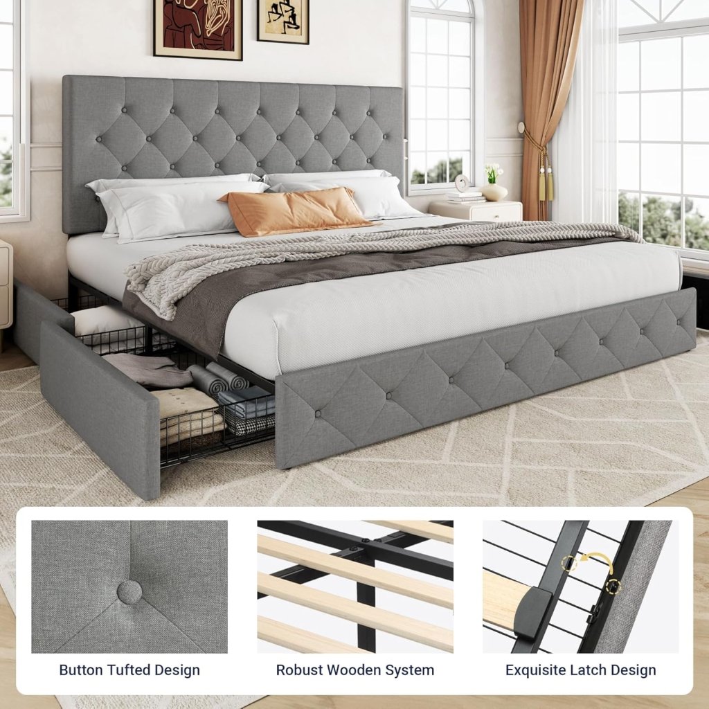 Allewie Upholstered Queen Size Platform Bed Frame with 4 Storage Drawers and Headboard, Square Stitched Button Tufted, Mattress Foundation with Wooden Slats Support, No Box Spring Needed - Wigtrends