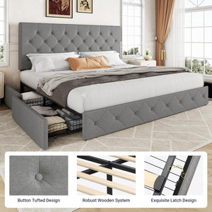 Allewie Upholstered Queen Size Platform Bed Frame with 4 Storage Drawers and Headboard, Square Stitched Button Tufted, Mattress Foundation with Wooden Slats Support, No Box Spring Needed - Wigtrends