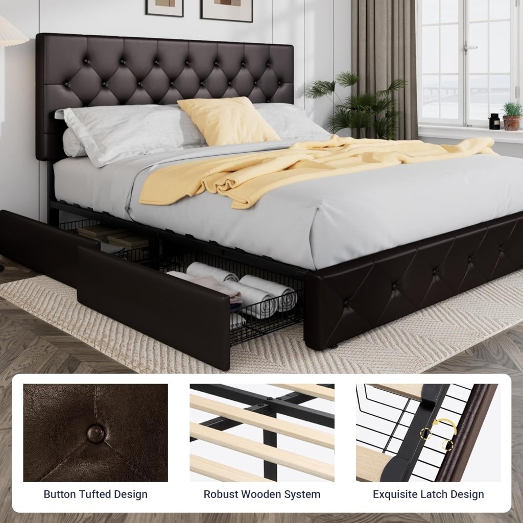 Allewie Upholstered Queen Size Platform Bed Frame with 4 Storage Drawers and Headboard, Square Stitched Button Tufted, Mattress Foundation with Wooden Slats Support, No Box Spring Needed - Wigtrends
