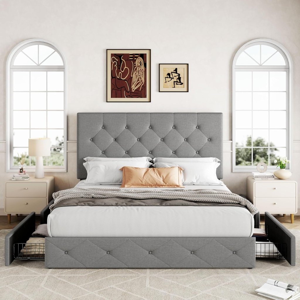 Allewie Upholstered Queen Size Platform Bed Frame with 4 Storage Drawers and Headboard, Square Stitched Button Tufted, Mattress Foundation with Wooden Slats Support, No Box Spring Needed - Wigtrends