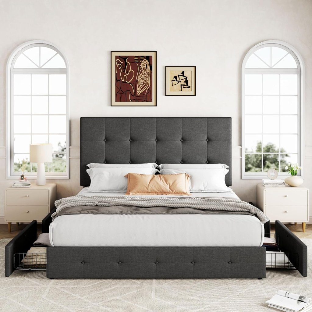 Allewie Upholstered Queen Size Platform Bed Frame with 4 Storage Drawers and Headboard, Square Stitched Button Tufted, Mattress Foundation with Wooden Slats Support, No Box Spring Needed - Wigtrends