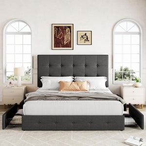Allewie Upholstered Queen Size Platform Bed Frame with 4 Storage Drawers and Headboard, Square Stitched Button Tufted, Mattress Foundation with Wooden Slats Support, No Box Spring Needed - Wigtrends