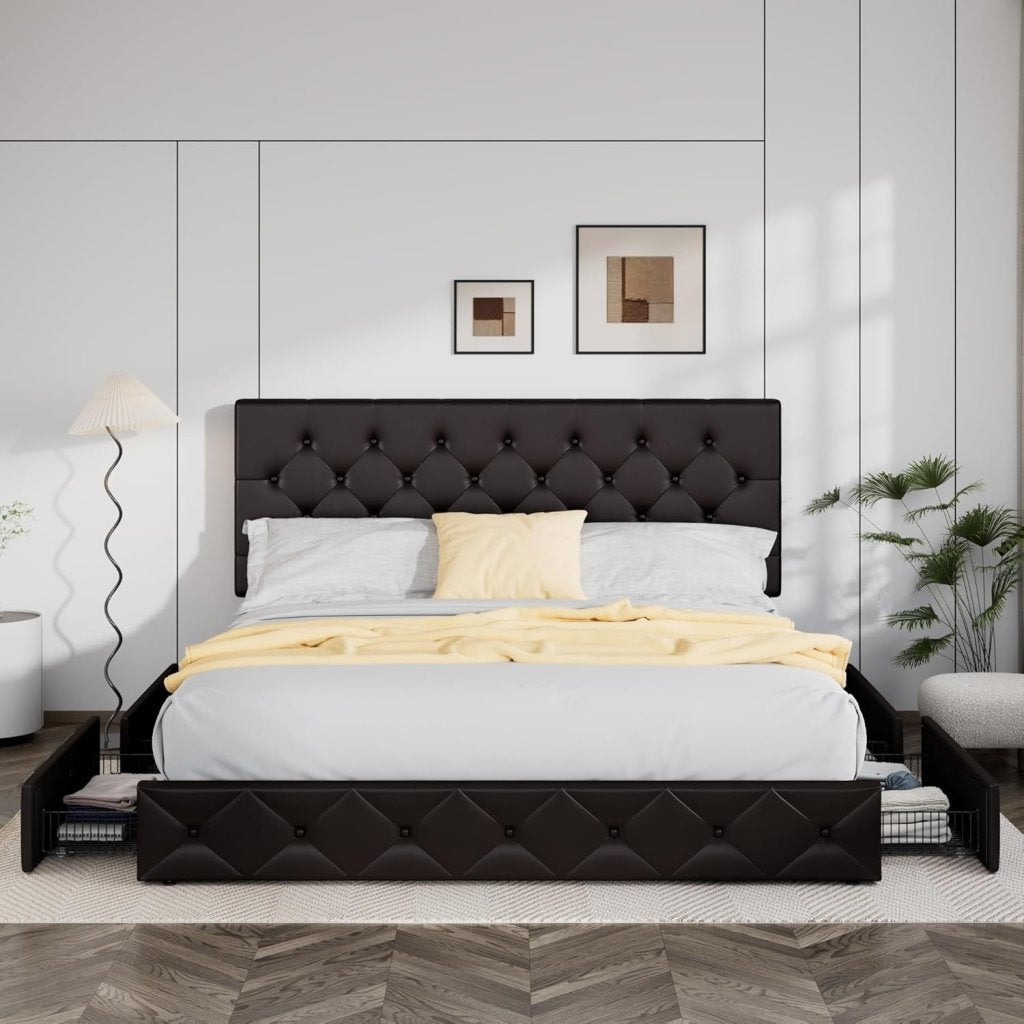 Allewie Upholstered Queen Size Platform Bed Frame with 4 Storage Drawers and Headboard, Square Stitched Button Tufted, Mattress Foundation with Wooden Slats Support, No Box Spring Needed - Wigtrends
