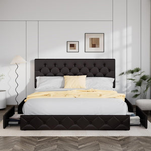 Allewie Upholstered Queen Size Platform Bed Frame with 4 Storage Drawers and Headboard, Square Stitched Button Tufted, Mattress Foundation with Wooden Slats Support, No Box Spring Needed - Wigtrends