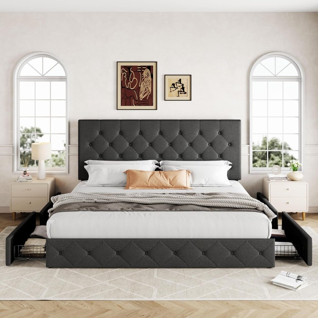Allewie Upholstered Queen Size Platform Bed Frame with 4 Storage Drawers and Headboard, Square Stitched Button Tufted, Mattress Foundation with Wooden Slats Support, No Box Spring Needed - Wigtrends