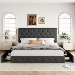 Allewie Upholstered Queen Size Platform Bed Frame with 4 Storage Drawers and Headboard, Square Stitched Button Tufted, Mattress Foundation with Wooden Slats Support, No Box Spring Needed - Wigtrends