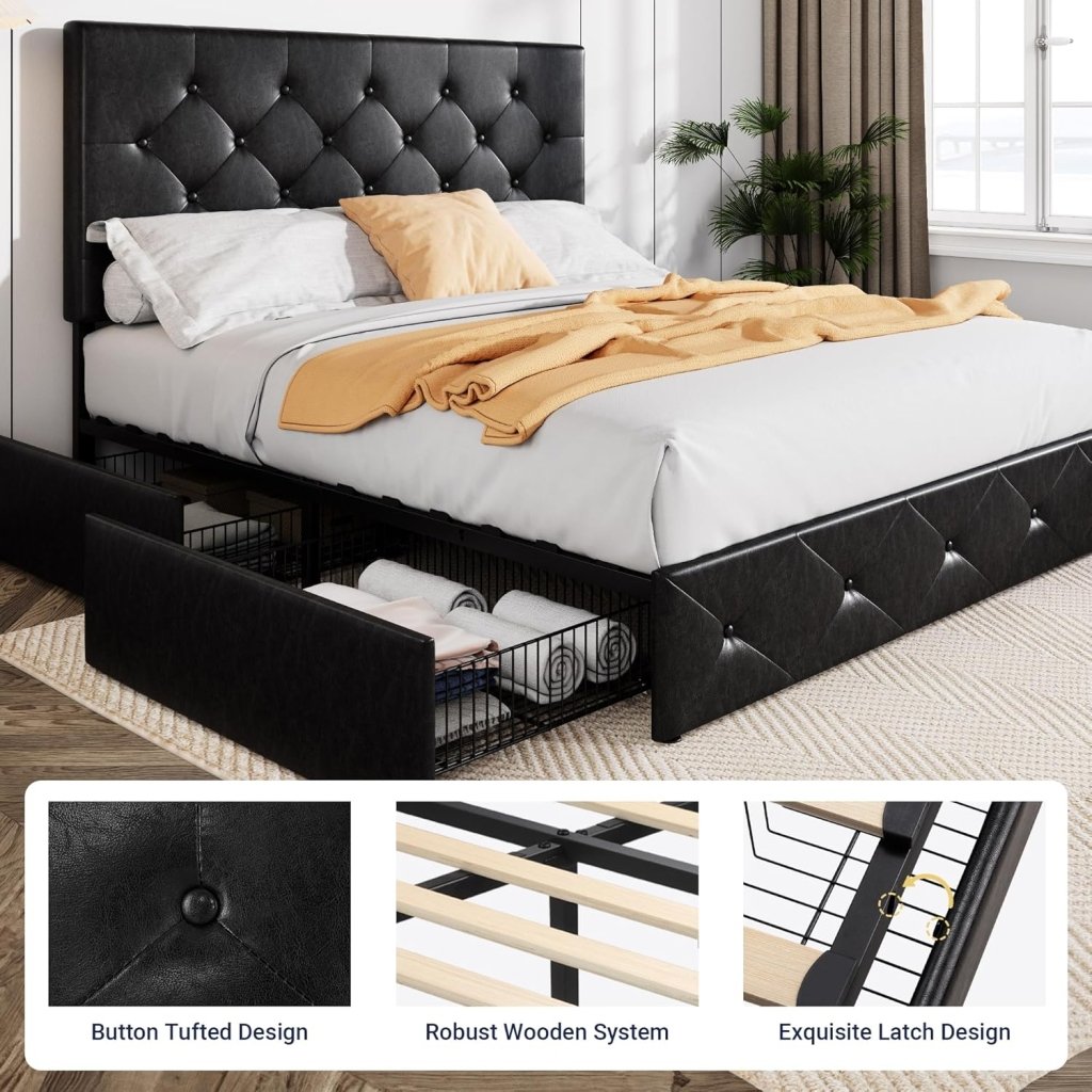 Allewie Upholstered Queen Size Platform Bed Frame with 4 Storage Drawers and Headboard, Square Stitched Button Tufted, Mattress Foundation with Wooden Slats Support, No Box Spring Needed - Wigtrends