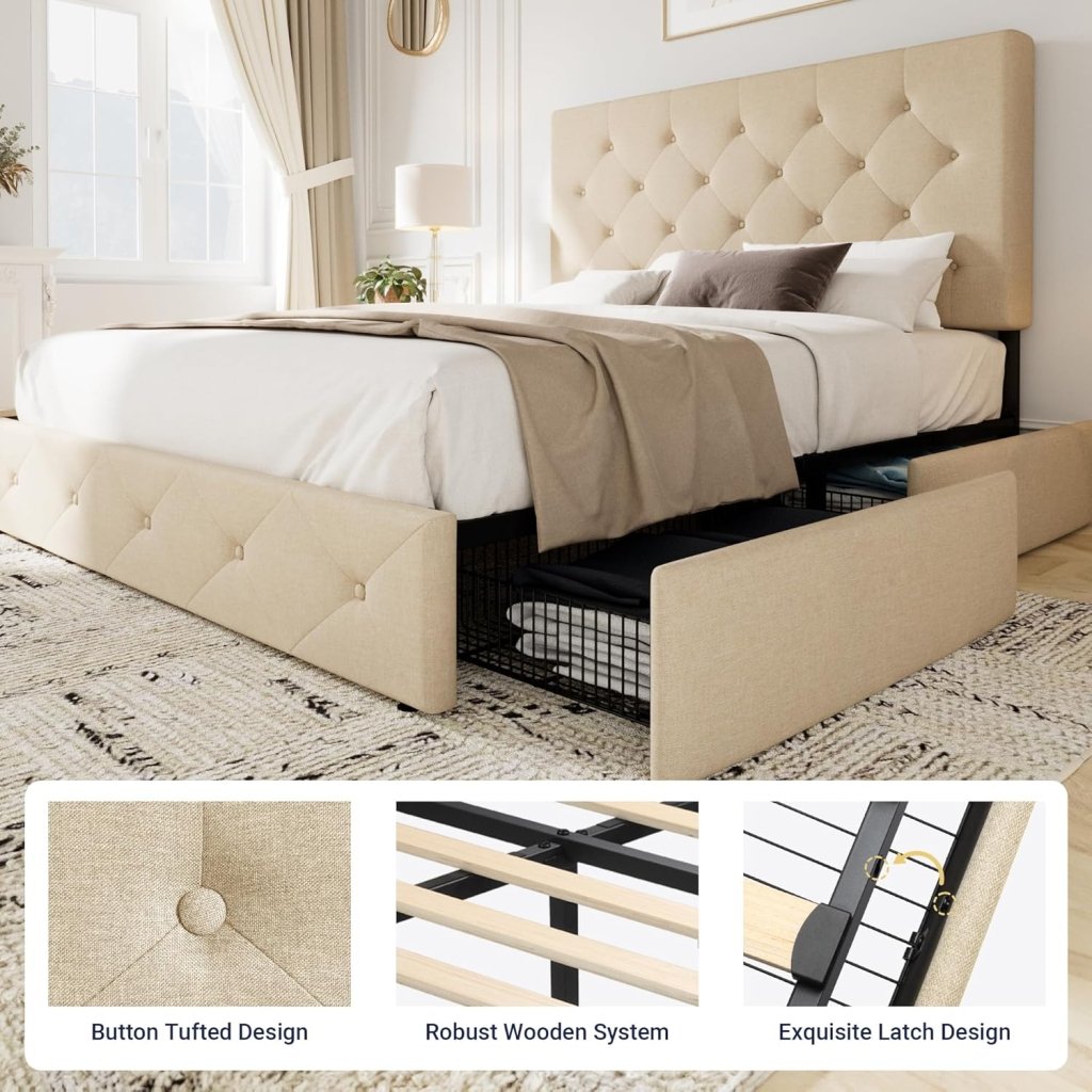 Allewie Upholstered Queen Size Platform Bed Frame with 4 Storage Drawers and Headboard, Square Stitched Button Tufted, Mattress Foundation with Wooden Slats Support, No Box Spring Needed - Wigtrends