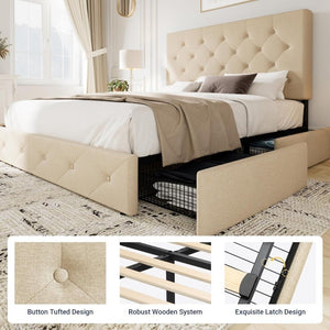 Allewie Upholstered Queen Size Platform Bed Frame with 4 Storage Drawers and Headboard, Square Stitched Button Tufted, Mattress Foundation with Wooden Slats Support, No Box Spring Needed - Wigtrends