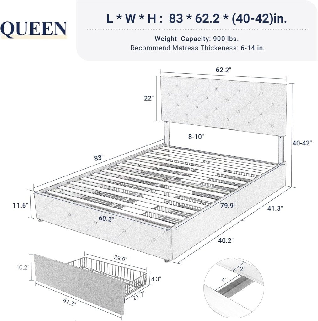 Allewie Upholstered Queen Size Platform Bed Frame with 4 Storage Drawers and Headboard, Square Stitched Button Tufted, Mattress Foundation with Wooden Slats Support, No Box Spring Needed - Wigtrends