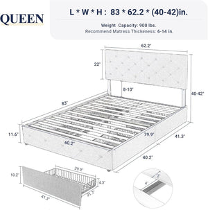 Allewie Upholstered Queen Size Platform Bed Frame with 4 Storage Drawers and Headboard, Square Stitched Button Tufted, Mattress Foundation with Wooden Slats Support, No Box Spring Needed - Wigtrends