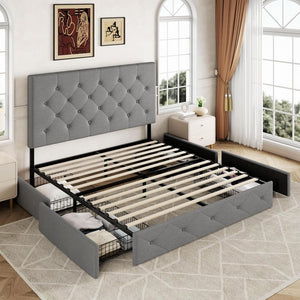 Allewie Upholstered Queen Size Platform Bed Frame with 4 Storage Drawers and Headboard, Square Stitched Button Tufted, Mattress Foundation with Wooden Slats Support, No Box Spring Needed - Wigtrends