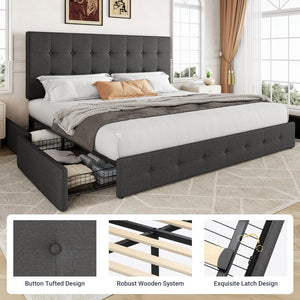Allewie Upholstered Queen Size Platform Bed Frame with 4 Storage Drawers and Headboard, Square Stitched Button Tufted, Mattress Foundation with Wooden Slats Support, No Box Spring Needed - Wigtrends