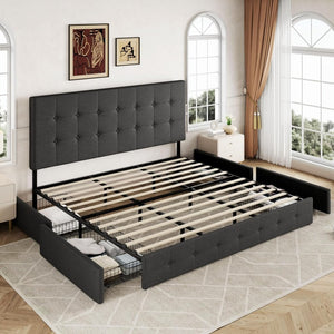 Allewie Upholstered Queen Size Platform Bed Frame with 4 Storage Drawers and Headboard, Square Stitched Button Tufted, Mattress Foundation with Wooden Slats Support, No Box Spring Needed - Wigtrends