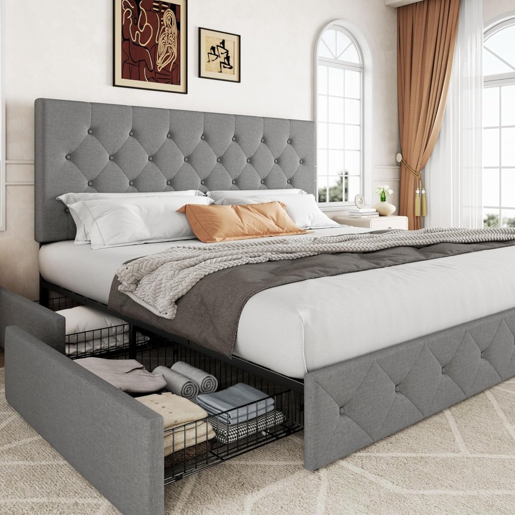 Allewie Upholstered Queen Size Platform Bed Frame with 4 Storage Drawers and Headboard, Square Stitched Button Tufted, Mattress Foundation with Wooden Slats Support, No Box Spring Needed - Wigtrends