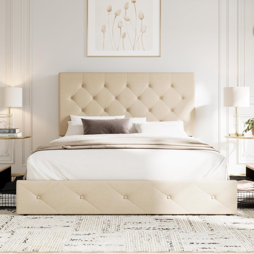 Allewie Upholstered Queen Size Platform Bed Frame with 4 Storage Drawers and Headboard, Square Stitched Button Tufted, Mattress Foundation with Wooden Slats Support, No Box Spring Needed - Wigtrends
