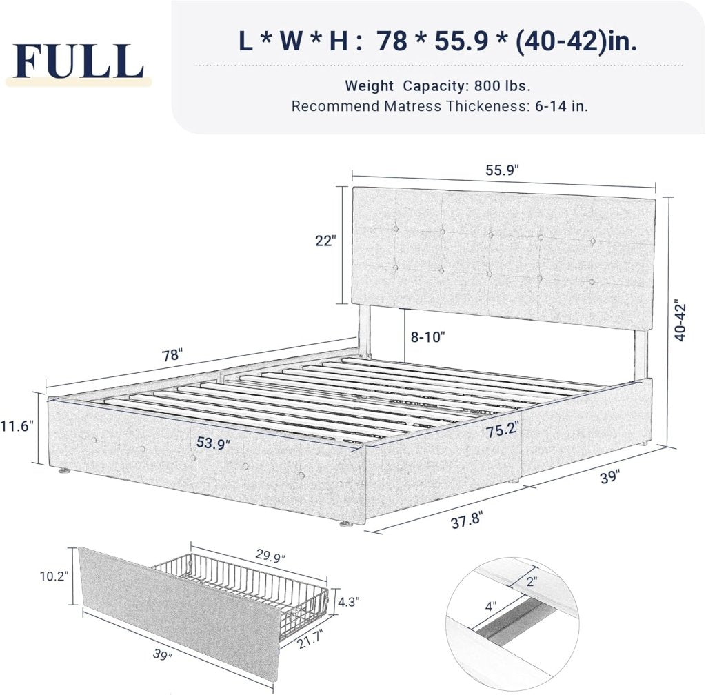 Allewie Upholstered Queen Size Platform Bed Frame with 4 Storage Drawers and Headboard, Square Stitched Button Tufted, Mattress Foundation with Wooden Slats Support, No Box Spring Needed - Wigtrends