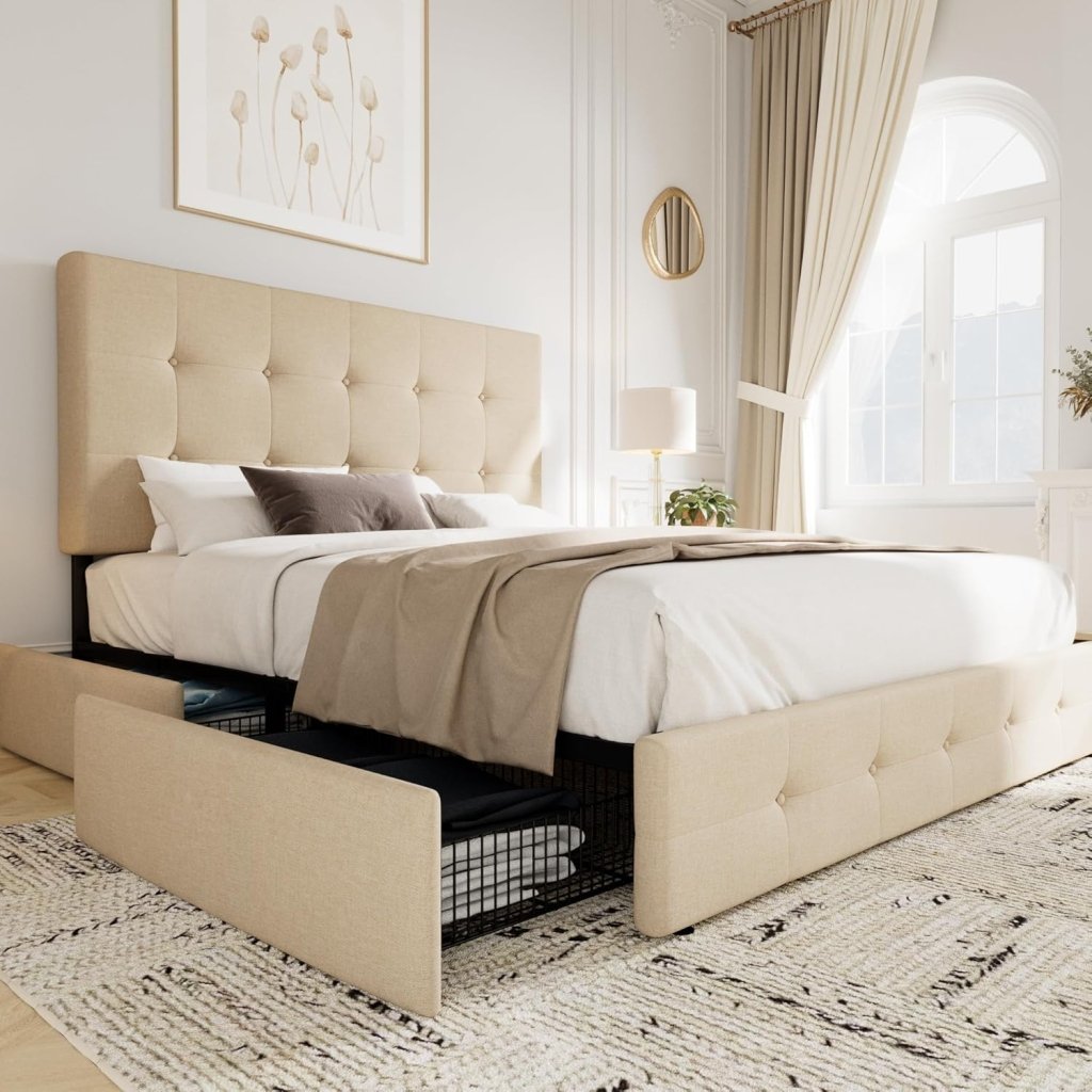 Allewie Upholstered Queen Size Platform Bed Frame with 4 Storage Drawers and Headboard, Square Stitched Button Tufted, Mattress Foundation with Wooden Slats Support, No Box Spring Needed - Wigtrends