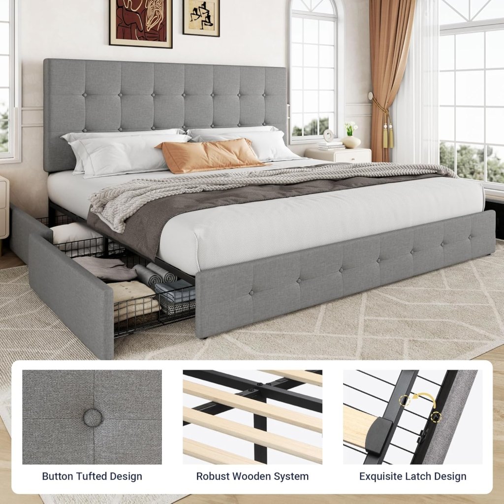 Allewie Upholstered Queen Size Platform Bed Frame with 4 Storage Drawers and Headboard, Square Stitched Button Tufted, Mattress Foundation with Wooden Slats Support, No Box Spring Needed - Wigtrends