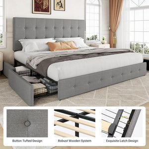 Allewie Upholstered Queen Size Platform Bed Frame with 4 Storage Drawers and Headboard, Square Stitched Button Tufted, Mattress Foundation with Wooden Slats Support, No Box Spring Needed - Wigtrends
