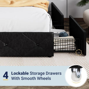 Allewie Upholstered Queen Size Platform Bed Frame with 4 Storage Drawers and Headboard, Square Stitched Button Tufted, Mattress Foundation with Wooden Slats Support, No Box Spring Needed - Wigtrends