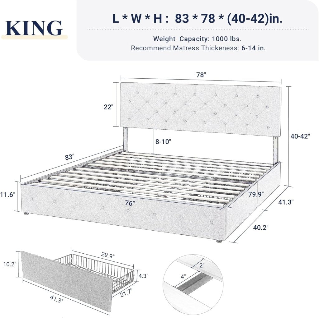 Allewie Upholstered Queen Size Platform Bed Frame with 4 Storage Drawers and Headboard, Square Stitched Button Tufted, Mattress Foundation with Wooden Slats Support, No Box Spring Needed - Wigtrends
