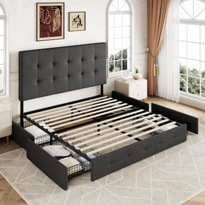 Allewie Upholstered Queen Size Platform Bed Frame with 4 Storage Drawers and Headboard, Square Stitched Button Tufted, Mattress Foundation with Wooden Slats Support, No Box Spring Needed - Wigtrends