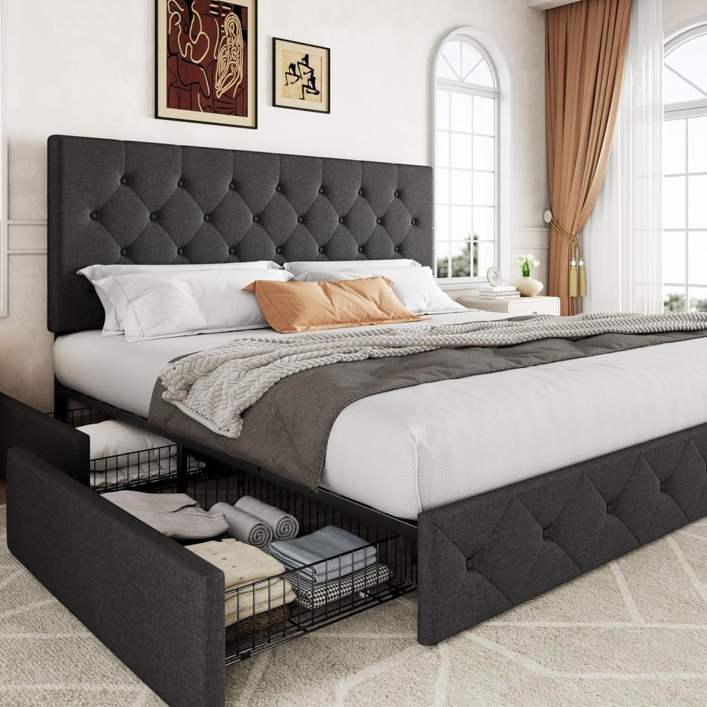 Allewie Upholstered Queen Size Platform Bed Frame with 4 Storage Drawers and Headboard, Square Stitched Button Tufted, Mattress Foundation with Wooden Slats Support, No Box Spring Needed - Wigtrends