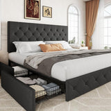 Allewie Upholstered Queen Size Platform Bed Frame with 4 Storage Drawers and Headboard, Square Stitched Button Tufted, Mattress Foundation with Wooden Slats Support, No Box Spring Needed - Wigtrends