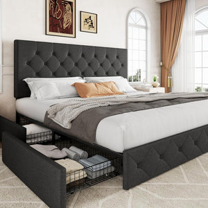 Allewie Upholstered Queen Size Platform Bed Frame with 4 Storage Drawers and Headboard, Square Stitched Button Tufted, Mattress Foundation with Wooden Slats Support, No Box Spring Needed - Wigtrends
