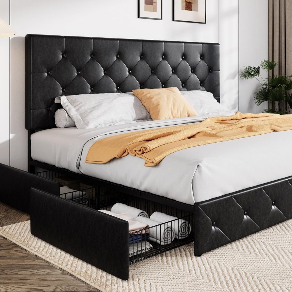 Allewie Upholstered Queen Size Platform Bed Frame with 4 Storage Drawers and Headboard, Square Stitched Button Tufted, Mattress Foundation with Wooden Slats Support, No Box Spring Needed - Wigtrends