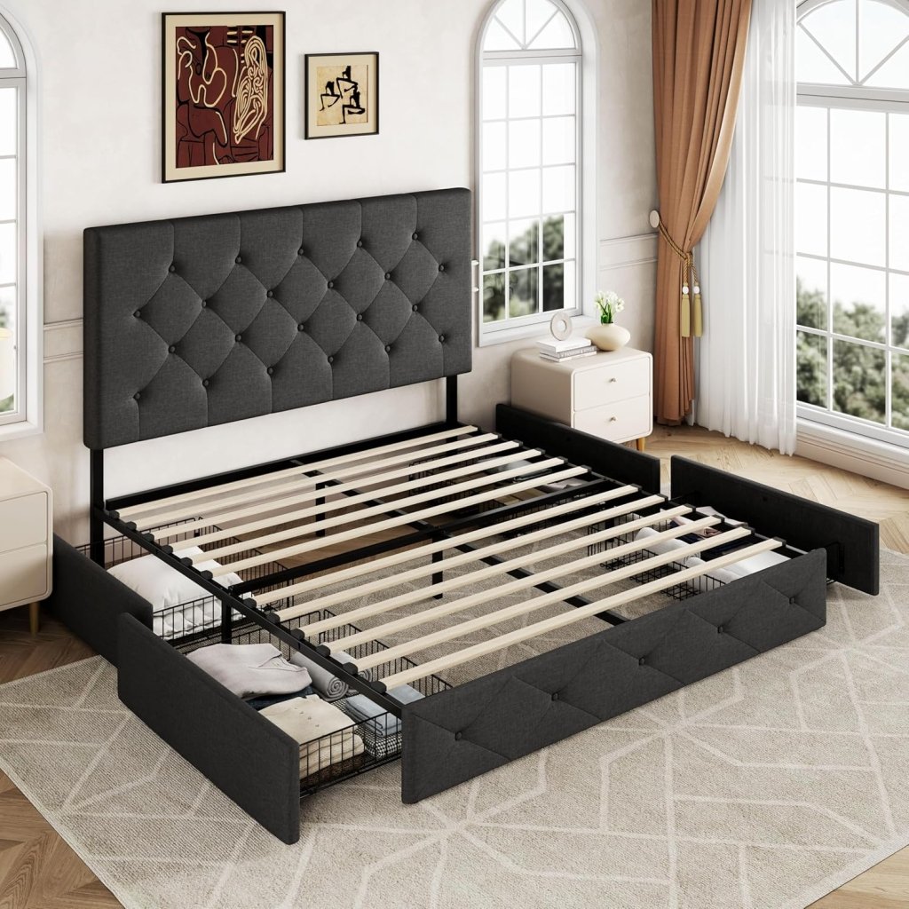 Allewie Upholstered Queen Size Platform Bed Frame with 4 Storage Drawers and Headboard, Square Stitched Button Tufted, Mattress Foundation with Wooden Slats Support, No Box Spring Needed - Wigtrends