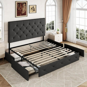 Allewie Upholstered Queen Size Platform Bed Frame with 4 Storage Drawers and Headboard, Square Stitched Button Tufted, Mattress Foundation with Wooden Slats Support, No Box Spring Needed - Wigtrends