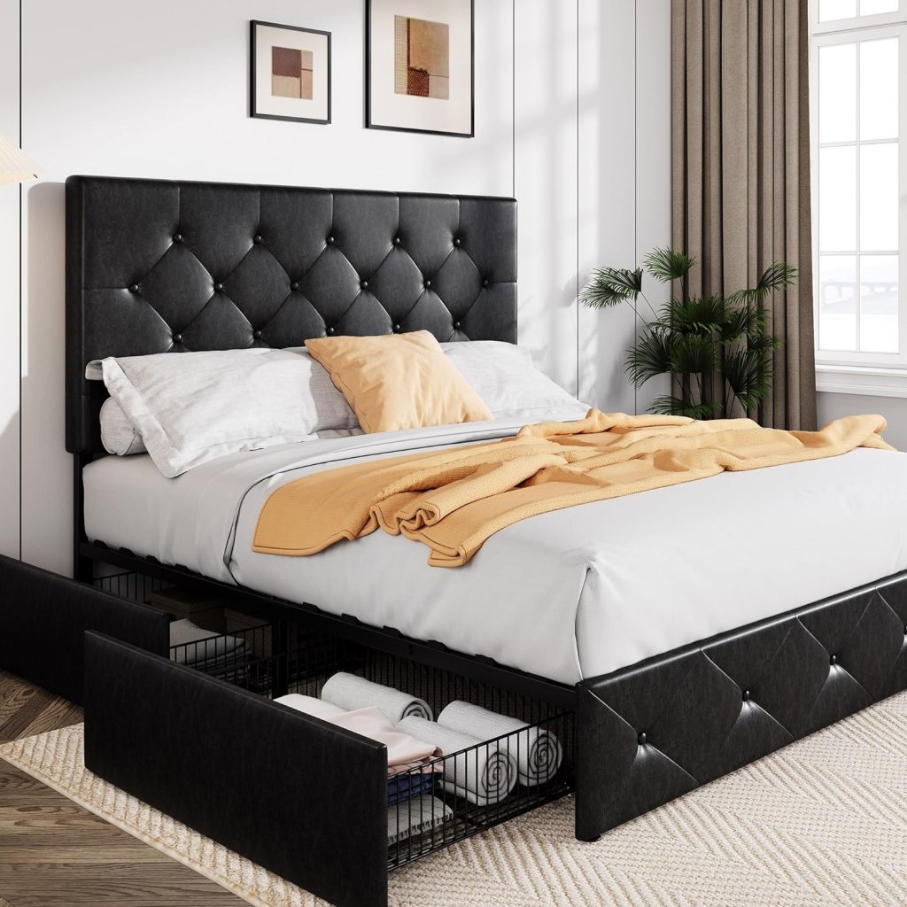 Allewie Upholstered Queen Size Platform Bed Frame with 4 Storage Drawers and Headboard, Square Stitched Button Tufted, Mattress Foundation with Wooden Slats Support, No Box Spring Needed - Wigtrends