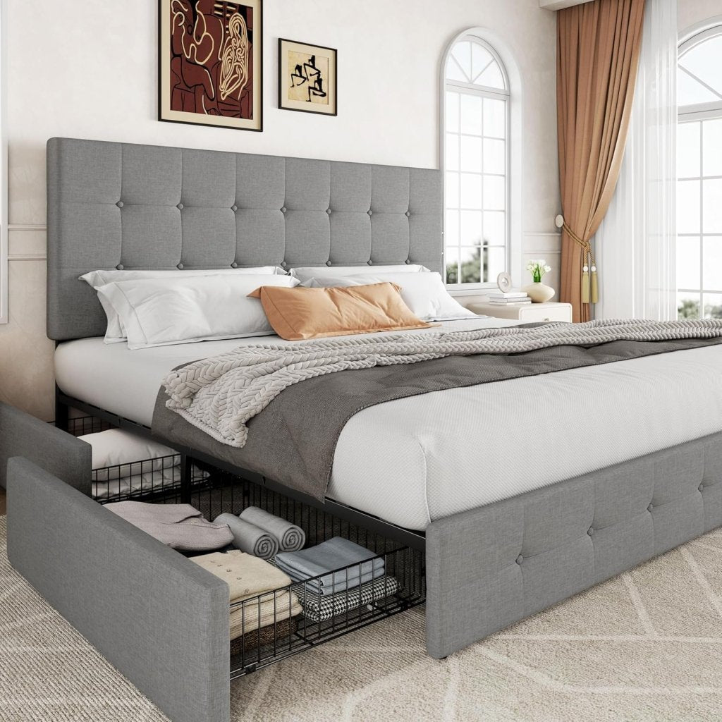 Allewie Upholstered Queen Size Platform Bed Frame with 4 Storage Drawers and Headboard, Square Stitched Button Tufted, Mattress Foundation with Wooden Slats Support, No Box Spring Needed - Wigtrends