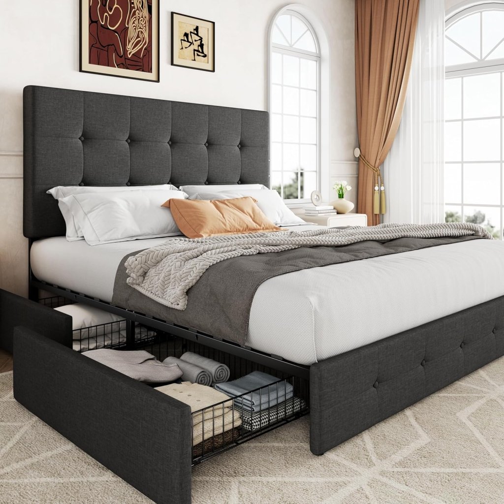 Allewie Upholstered Queen Size Platform Bed Frame with 4 Storage Drawers and Headboard, Square Stitched Button Tufted, Mattress Foundation with Wooden Slats Support, No Box Spring Needed - Wigtrends