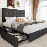 Allewie Upholstered Queen Size Platform Bed Frame with 4 Storage Drawers and Headboard, Square Stitched Button Tufted, Mattress Foundation with Wooden Slats Support, No Box Spring Needed - Wigtrends