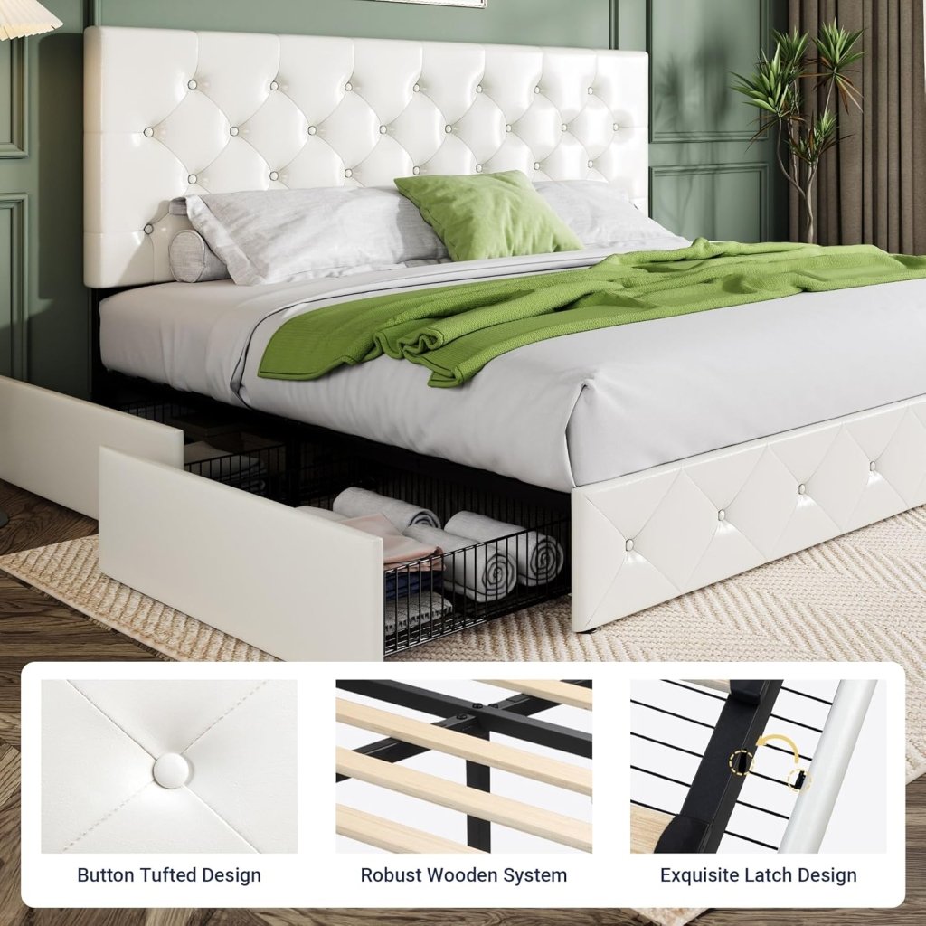 Allewie Upholstered Queen Size Platform Bed Frame with 4 Storage Drawers and Headboard, Square Stitched Button Tufted, Mattress Foundation with Wooden Slats Support, No Box Spring Needed - Wigtrends