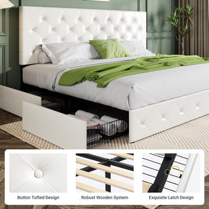 Allewie Upholstered Queen Size Platform Bed Frame with 4 Storage Drawers and Headboard, Square Stitched Button Tufted, Mattress Foundation with Wooden Slats Support, No Box Spring Needed - Wigtrends