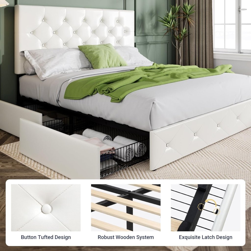 Allewie Upholstered Queen Size Platform Bed Frame with 4 Storage Drawers and Headboard, Square Stitched Button Tufted, Mattress Foundation with Wooden Slats Support, No Box Spring Needed - Wigtrends