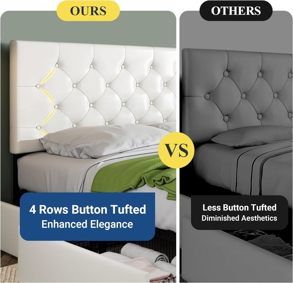 Allewie Upholstered Queen Size Platform Bed Frame with 4 Storage Drawers and Headboard, Square Stitched Button Tufted, Mattress Foundation with Wooden Slats Support, No Box Spring Needed - Wigtrends