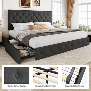Allewie Upholstered Queen Size Platform Bed Frame with 4 Storage Drawers and Headboard, Square Stitched Button Tufted, Mattress Foundation with Wooden Slats Support, No Box Spring Needed - Wigtrends